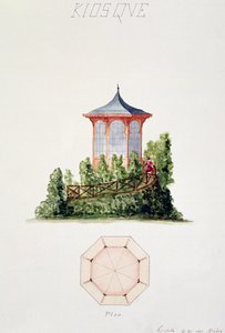 Projekt pawilonu w uproszczonym stylu orientalnym, z kartoteki oryginalnych rysunków w stylu klasycznym i wczesnobelle-epoque, ok.1870